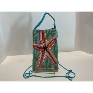 Bamboo Trading Company Club Bag Beaded Starfish Crossbody Wristlet Teal NWT